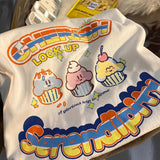 Cute Japan Cartoon Letter Print T Shirts Kawaii Girl Short Sleeve Tops 2023 Summer Basic 100%Cotton Couples Teens