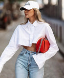 Fongt Women's Clothing 2025 Summer New Thin Top Long-Sleeved Short Design To Feel The Belly White Shirt Women