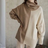 Women's Turtleneck Patchwork Sweater 2022 Autumn Winter Knitted Long Sleeve Female Pullover Casual Elegant Ladies