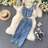 Fongt Women's Sexy Short Slip Vest High-Waisted Denim Skirt-Outfit
