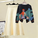 Winter Warm Knitted Two Pieces Sets For Women Long Sleeve Print Sweater And High Waist Knitting Skirts Set Womens