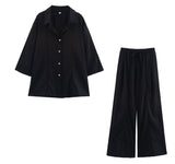 Fongt Women's Explosive Linen Long-Sleeved V-Neck Casual Shirt + Linen Mid-Rise Wide-Legged Trousers