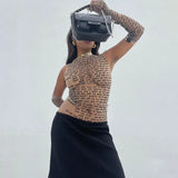 Mesh Letter Print Sleeveless Top With Gloves-Outfit