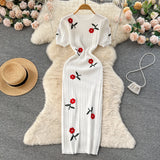 Fongt Dress High-End Temperament Embroidered Rose Knitted Dress Women's Short Sleeve New Chinese Bag Long Skirt