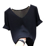 Summer Thin New Ice Silk Sweater Loose V-Collar Bottomed Black T-Shirt Short-Sleeved Women's Solid Color Ins Trend-Outfit
