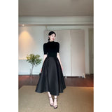 Fongt Fashion Suit Pure Color Shoulder Five-Sleeve Top In Autumn Waist French Black Dress