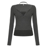 Fongt Sweet Style Simple Knitted Shirt Two Sets Of Striped Hanging Neck Hanging Sling + Half-Open Collar Long-Sleeved T-Shirt Top