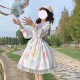 Sweet Anime Lolita OP Dress Women Kawaii Lace Peter Pan Collar Bunny Ear Fairy Dresses Girls Cartoon Print Party Dress-Outfit