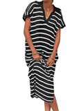 Fongt Summer Dress Women's V-Neck Stripe Low Slit Lapel Long Sweater Even-Outfit