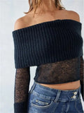 Sexy Women Knitted See Through Sweaters Crop Tops Off Shoulder Solid Long Sleeve Cropped Pullovers Slash Neck Jumpers-Outfit