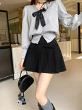 Bow Solid High Waist Pleated A-line Skirt-Outfit