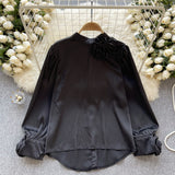 Shirt Female Design Sense Three-Dimensional Flower Long Sleeve Temperament Satin Shirt Spring Dress New Jacket Is Versatile-Outfit