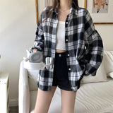 Vintage Plaid Print Long Sleeve Blouse-Outfit