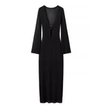 Fongt Women's Explosive Long-Sleeved Knitted Hollow V-Neck Dress