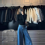 Fongt Kong Style Retro Blue A Word Big Horn Jeans Women Autumn And Winter High-Waisted Loose Lazy Feet Long Pants