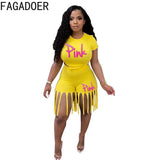 Plus Size Women Set S-5XL PINK Letter Print Round Neck Top And Tassel Shorts Two Piece Sets Casual 2pcs Outfits
