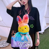 Cute Rainbow Rabbit Graffiti T Shirts Men Women Oversized Short Sleeve Casual Tops Harajuku Street Kawaii Graphic Tee-Outfit