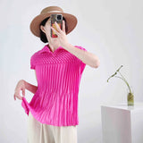 Fongt Folded Summer New High-End Pure Color Temperament Elegant Collar Short Sleeve Blouse Hand Folding Top
