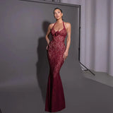 Red Lace Flower Halter Mermaid Style Maxi Dress-Outfit