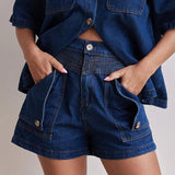 Fongt Summer Women's Casual Retro Loose Shirt Denim Shorts Set Denim