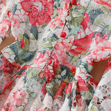 Fongt Printed Lantern Sleeve Dress Female Spring V-Neck Hollow Hook Flower Embroidery Light Luxury A Dress