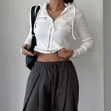 New Early Autumn Women's Casual Fashion Short Solid Color Threaded Pocket Zipper Long-Sleeved Jacket-Outfit