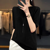 Fongt Spring New Five Minute Sleeve Sweater Bottom Shirt Female With French Unique Chic Jacket Sleeve Sweater-Outfit