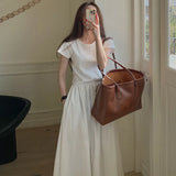 Fongt Chic Summer Simple Temperament Round Collar Fold Closed Waist Show Thin Short Sleeve Large Swing T-Shirt Dress Long Skirt-Outfit