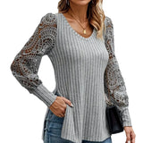 Fongt And Autumn 2025 Women's Casual Fashion Knitted Lace-Sleeved T-Shirt