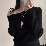Skew Collar Sweater Off Shoulder Ropa Mujer Lace Up Bow Pullover Feminino Sexy Womens Clothing Korean Knitwears-Outfit