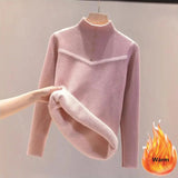 Women Winter Mock Neck Plush Lined Sweater Casual Thicken Warm Knit Tops Korean Slim Pullover Soft Plus Velvet Knitwear