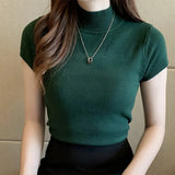 Knitted T-shirts Turnelneck Tees Plain Solid Knitted Short Sleeve Casual O-neck T-Shirts For Women 2020