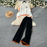 Fongt Letter Embroidered Knitted Shirt Long Sleeve Sweater High Waist Broad Leg Trousers Casual Sports Two-Piece Suit Woman