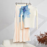Stand Collar Three Quarter Sleeve Printing Blouse High Waist Long Skirt Pleated 2 Piece Sets For Women 2024 Summer TH4149-Outfit