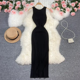 Fongt Sexy Round Neck Kink Solid Color Vest Knit Skirt Front And Back Two Wear Elastic Tight Wrap Hip Dress-Outfit