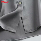 Women High Quality Green Satin Shirts Long Sleeve Solid Turn Down Collar Elegant Office Ladies Work Wear Blouses
