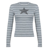Striped Five-Pointed Star Leisure T-Shirt Women's Autumn Daily Simple Commuter Star Hit Color Long-Sleeved Blouse-Outfit