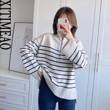 New Autumn Women High Collar Stripe Sweaters Pullovers Warm Minimalist Color Matching Knit Shirt Lady Zipper