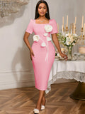 Fongt Elegant Square Collar Lotus Leaf-Side Dress Banquet Temperament Flower High-Waisted Hip Dress Dresses