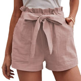 Fongt 2025 Summer Women's Loose Flax Leisure Shorts Pocket Solid Colored High-Rise Broad Legs