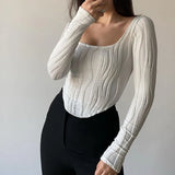 2024 Early Autumn New French Design Feeling Folded U Collar Simple Solid Color Long Sleeve Top Lady