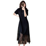 Fongt High-End Lace Splicing Dress 2025 Light Luxury Temperament Slim Thin Short Sleeve Black Dress
