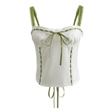 New Color Lace-Up Trim Short Halter Top-Outfit