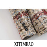 Women 2021 Fashion Double Breasted Tweed Check Blazers Coat Vintage Long Sleeve Pockets Female Outerwear Chic