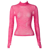 2024 Summer Women's New Sexy Mesh Perspective Thin Half-High Collar Long-Sleeved Bottom