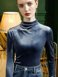 Basic Long Sleeve Tee Womens Velour Tshirt Casual Top Ladies Simple Half Turtleneck T Shirts-Outfit