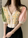 New 2022 Korean Fashion Puff Sleeve Color Blocking Cardigans Knitted Women Summer Elegant Lady Short Tops