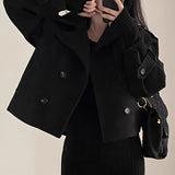 Fongt Chic Autumn And Winter French Vintage Suit Collar Double Breasted Pocket Small Loose Versatile Woolen Short Coat Woman-Outfit