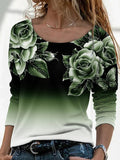 Long Digital Printing Sleeve Loose Neck Casual Pullover Print