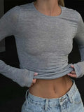 T-Shirts Long Sleeve Top Women Gray Tees Solid Basic Black T-Shirts O Neck Crop Top Skinny Streetwear Y2K